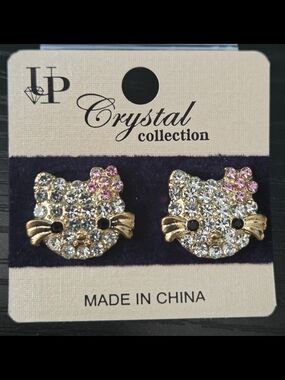 Pink & Clear Cat Face Stud Earrings